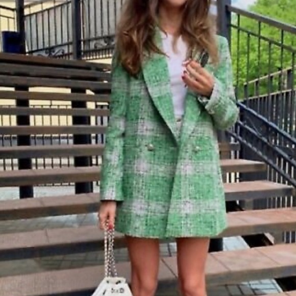 Zara Jackets & Blazers - LZara Green Plaid Tweed Blazer in green size XS